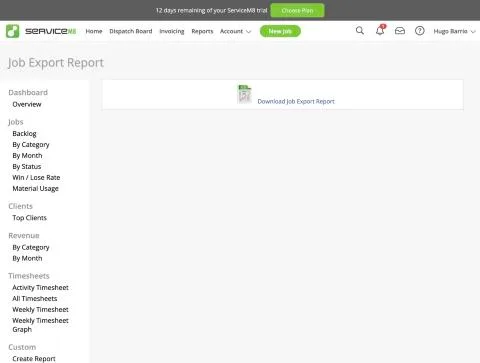 ServiceM8, T-14 (export and leave: customers, jobs, invoices, attachments; check the phone-number port-out policy): job export. Own capture from the test account, fictional Ridgeline fixture data.